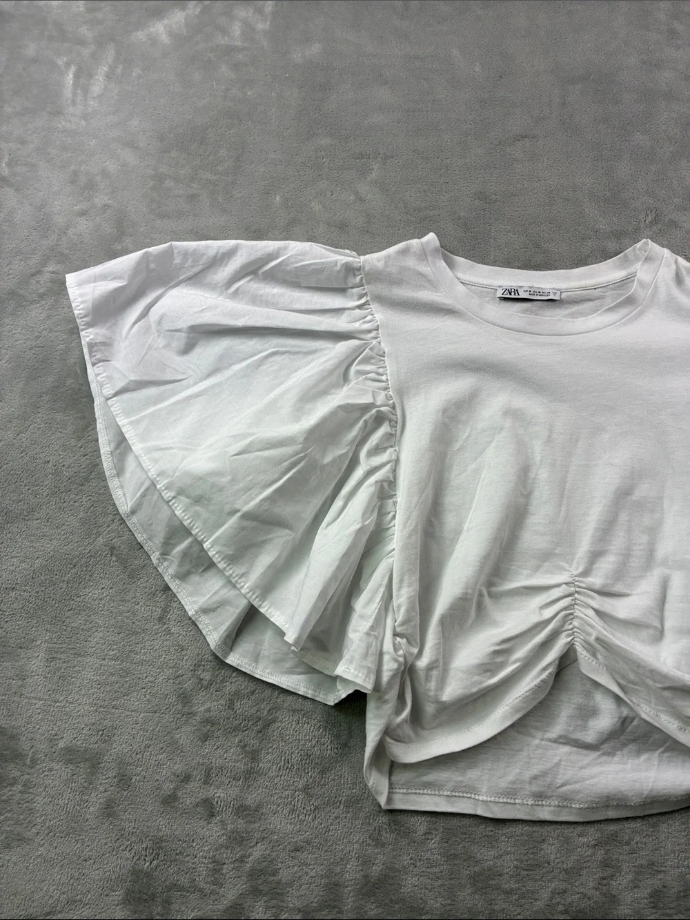 Zara Womens M White Oversized Flutter Sleeve Ruched Front Blouse Top